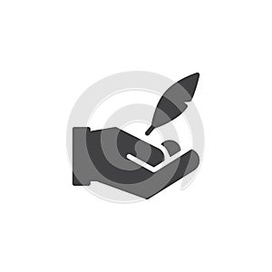 Hand and feather pen vector icon