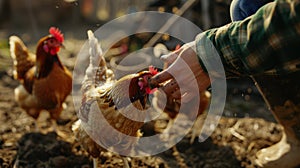 Hand feeding farm chickens.AI generated image