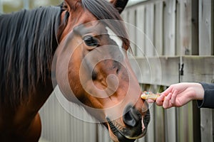 hand feeding a special birthday treat to a smiling horse