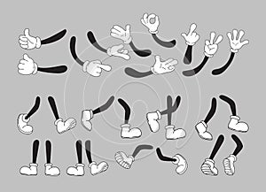 Hand feet mascot animation. Different movement legs and hands comic character, expression foot in shoes, cartoon white