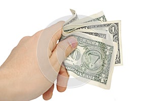 Hand with few bucks isolated on white photo