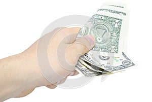 Hand with few bucks isolated on white