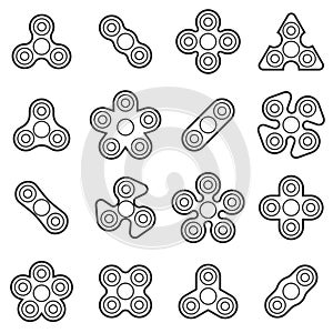 Hand fidget spinner toy vector line style icon set