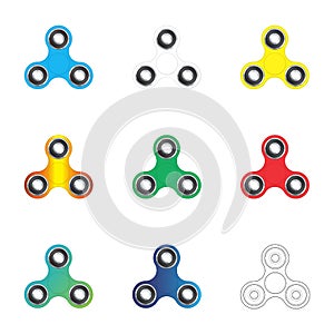 Hand fidget spinners set. Colorful hand spinner toys isolated on