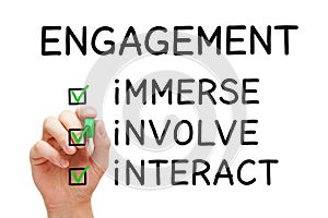Hand Filling Out An Engagement Checklist Immerse Involve Interact