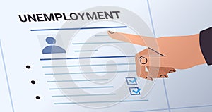 hand filling unemployment benefit form paper work crisis jobless employee job reduction concept