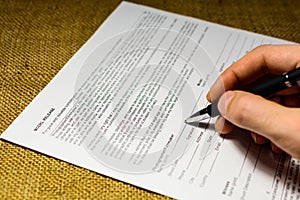 The hand fills the form release model