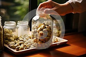 Hand fills a glass jar with pistachios, arranging a nutty presentation