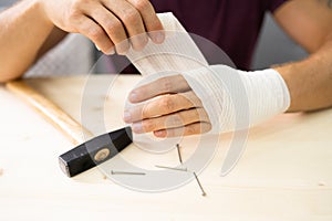 Hand And Finger Bandage After Hammer Accident