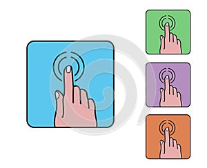 hand finger click icon, colored outline cartoon simple flat vector on blue rounded square, touch screen symbol