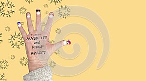 A hand with finger faces wearing face masks and keeping apart, mask up and keep apart text