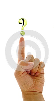 Hand finger pointing on a question mark.