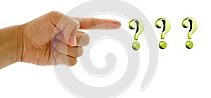 Hand finger pointing on three question mark.