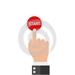 Hand finger pressing of red button START. Vector illustration