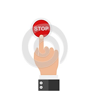 Hand finger pressing of red button STOP. Vector illustration