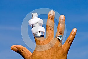 Hand with finger in splint photo