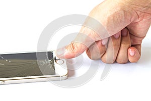 Hand finger touch smartphone broken on white background