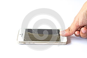 Hand finger touch smartphone broken on white background