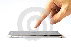 Hand finger touch smartphone on white background