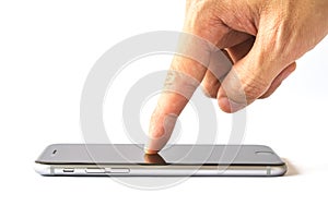 Hand finger touch smartphone on white background