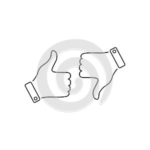 Hand with a finger up and down. Vector illustration. Like and dislike thumb button line icon