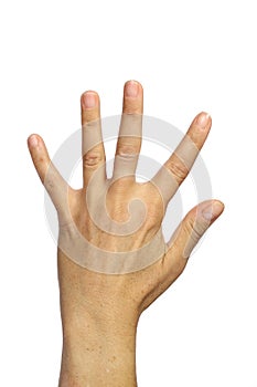 Hand with fingers flat apart isolated on white background