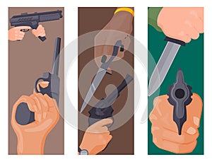 Hand firing with gun cards protection ammunition crime military police firearm hands vector.