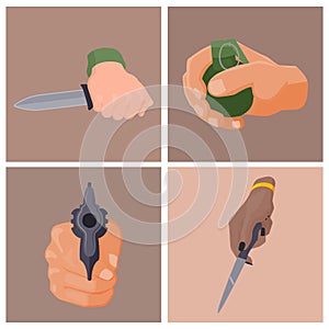 Hand firing with gun cards protection ammunition crime military police firearm hands vector.