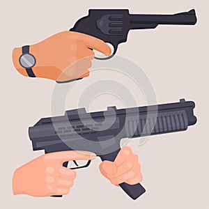 Hand firing with gun protection ammunition crime military police firearm hands vector.