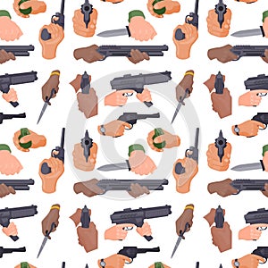 Hand firing with gun protection ammunition crime seamless pattern background military police firearm hands vector.