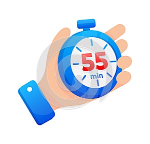 Hand firmly gripping a blue stopwatch set to 55 minutes, with a prominent red highlight on the timer