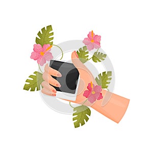 Hand firmly holds a photo card poloroid. Vector illustration on white background.