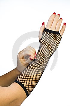 Hand in fish net glove