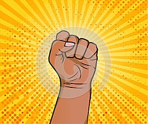 Hand in fist as pop art style. I can do it. Be strong. Hand of African American woman on yellow sun background. Vector