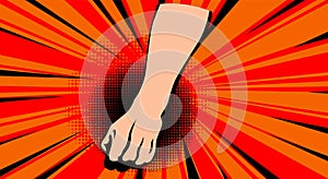 Hand fist with comics background. Blow fist flat cartoon banner. Vector hand strike as a concept energy and power