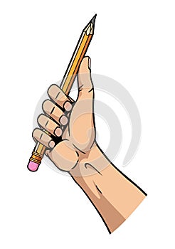 Hand fist holding pencil. Power of art concept. Tools for drawing. Motivation poster tool for drawing. Vector