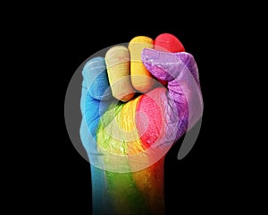 Hand fist painted with multiple colors with water colors, diversity concept backdrop. Modern diverse background