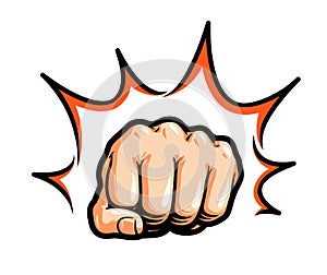 Hand, fist punching or hitting. Comic pop art, symbol. Vector illustration