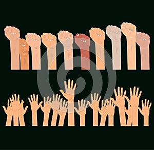 hand with a fist raised up. open Hands up vector illustration.