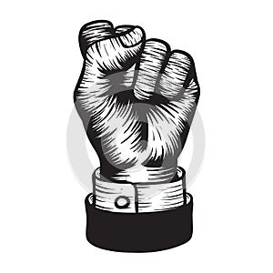 Hand fist in woodcut style drawing.