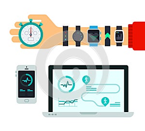 Hand with fitness trackers, stopwatch and devices with the application vector illustration