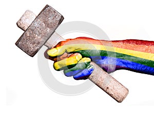 Hand with flag of Peace handling a heavy hammer