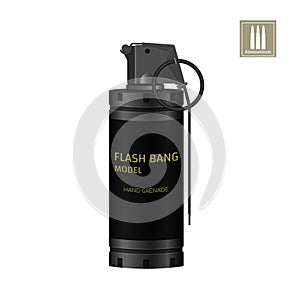 Hand flash grenade of special forces. Detailed realistic image of anti-terrorist ammunition. Police explosive.