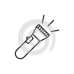 Hand flashlight icon. A simple line drawing of a hand torch with a stream of light. Isolated vector on white background.