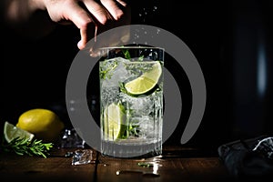 hand flicking sliced lime into a gin and tonic glass