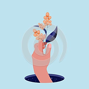 Hand with flower. Universe hole with stars and red human hands. Arm holding bunch of berries, modern vector cover or