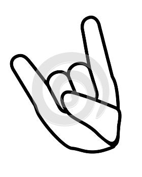 Hand folded in devil horns rock gesture sign - vector linear illustration for sign or pictogram. A hand with an extended index fin