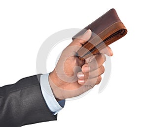 Hand with folded leather wallet isolated