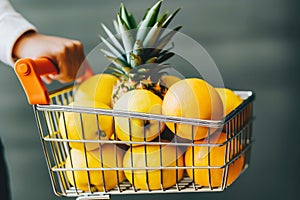 Hand with food cart with fruit, quince and pineapple close up