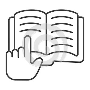 Hand with forefinger on book thin line icon, children book day concept, open book vector sign on white background